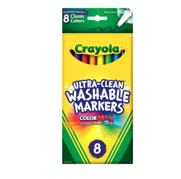 Crayola Washable Marker Set, 8-Colors, Fine line, Classic