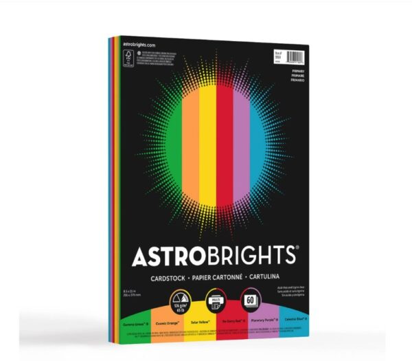 Astrobrights Colored Cardstock, 8.5" x 11", 65 lb, Primary Assortment, 6-Colors, 60 Sheets