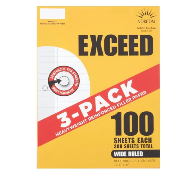 Exceed 3 Pack Wide Ruled Reinforced Filler Paper, 100 Sheets