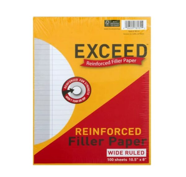 Exceed Reinforced Filler Paper, Wide Ruled, 100 Pages, 8" x 10.5"