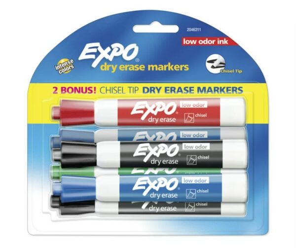 Expo Low Odor Dry Erase Markers, Chisel Tip, Assorted Colors, Includes 2 Bonus Markers, 6 Count