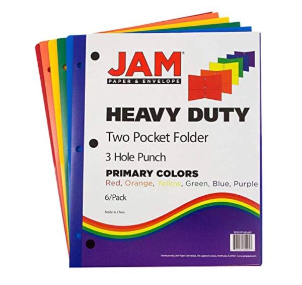 JAM Paper Plastic Pocket Folders, Metal Clasp Fasteners, Assorted Primary Colors