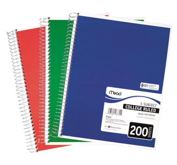 Mead 5 Subject Notebook, College Rule 200 Sheet